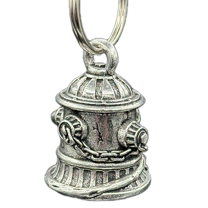 A pewter motorcycle bell designed to resemble a fire hydrant with hoses, featuring a split ring for mounting.