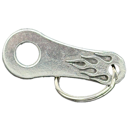 A silver-colored bell hanger with a flame design, made from lead-free pewter, featuring a split ring for attachment.