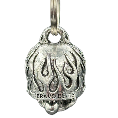 Pewter Skull Bell With Flames And Ruby-Like Jeweled Eyes