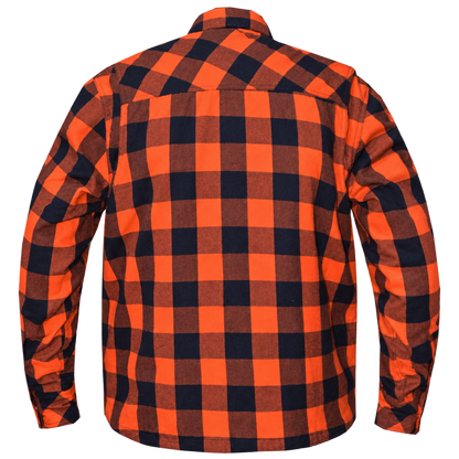 A long-sleeve plaid flannel shirt shown from the back, featuring a bold orange and black plaid 