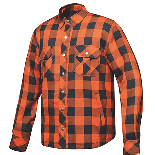 A long-sleeve button-up flannel shirt in a bold orange and black buffalo plaid pattern, featuring two buttoned chest pockets and a pointed collar