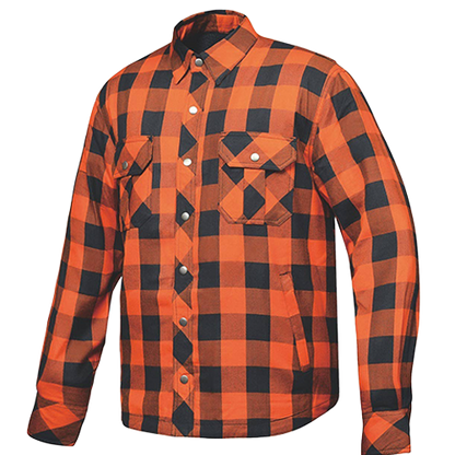 A long-sleeve button-up flannel shirt in a bold orange and black buffalo plaid pattern, featuring two buttoned chest pockets and a pointed collar