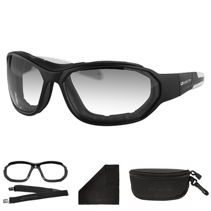 A pair of black photochromatic glasses with a magnetic closed cell foam, a goggle strap, a carry case, and a microfiber cloth.