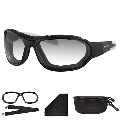 A pair of black photochromatic glasses with a magnetic closed cell foam, a goggle strap, a carry case, and a microfiber cloth.