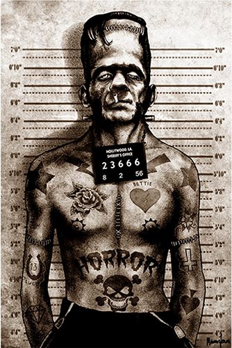 A canvas print featuring a stylized mugshot of a character with a motorcycle theme, including tattoo-like designs and a skull motif.