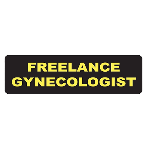 Black helmet sticker with yellow text reading freelance gynecologist
