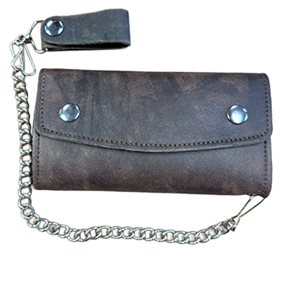 Frontier distressed brown chain wallet with removable metal chain and leather belt loop.