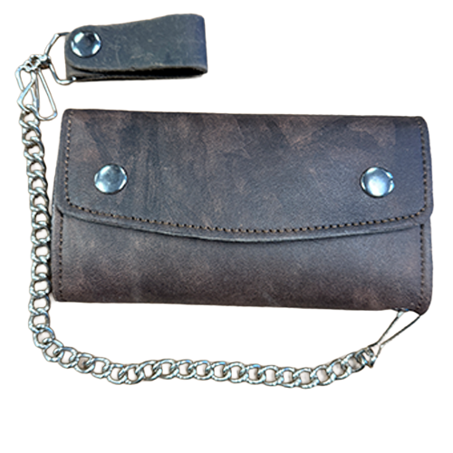Frontier distressed brown chain wallet with removable metal chain and leather belt loop.