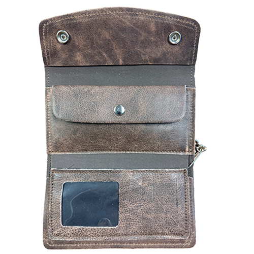 Open Frontier motorcycle wallet showing 10 card slots, ID window, cash compartment, and checkbook pocket.