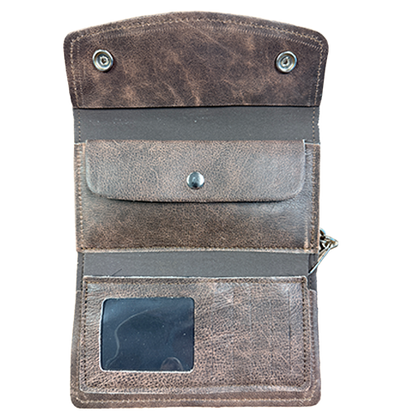 Open Frontier motorcycle wallet showing 10 card slots, ID window, cash compartment, and checkbook pocket.