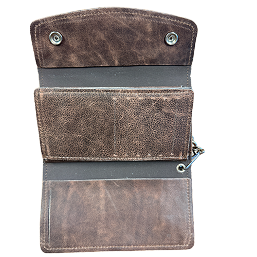Brown leather-look chain wallet with 10 card slots, ID window, and checkbook storage for motorcycle riders.