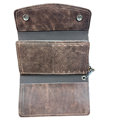 Brown leather-look chain wallet with 10 card slots, ID window, and checkbook storage for motorcycle riders.
