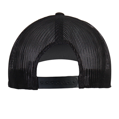 Back side of a black mesh snapback cap.