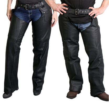Black Genuine Leather Motorcycle Chaps Front View