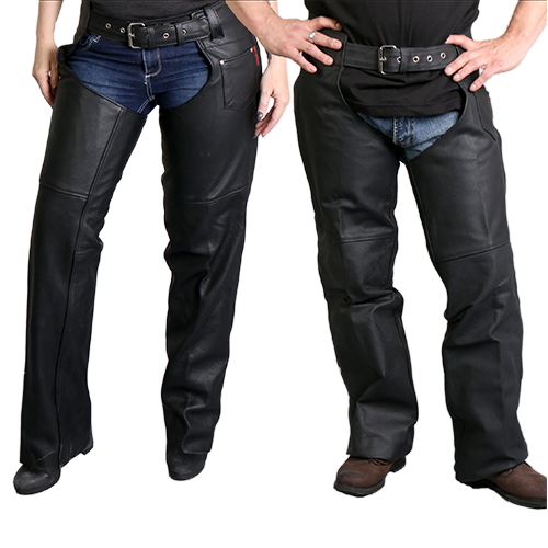 Black Genuine Leather Motorcycle Chaps Front View