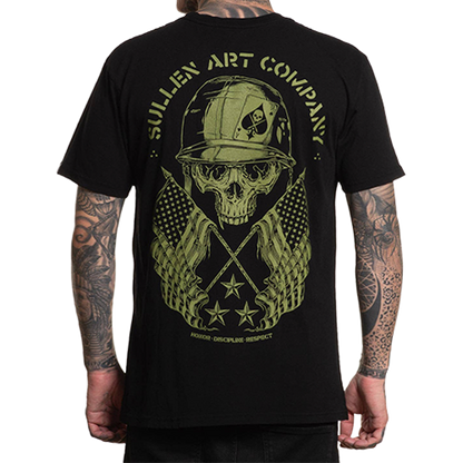 Black t-shirt with a skull and crossbones design on the back, featuring the Sullen Art Company logo.