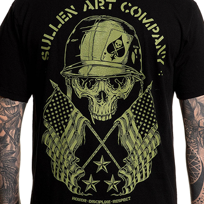 Black t-shirt with green skull and flag design, featuring 'Sullen Art Company' text.