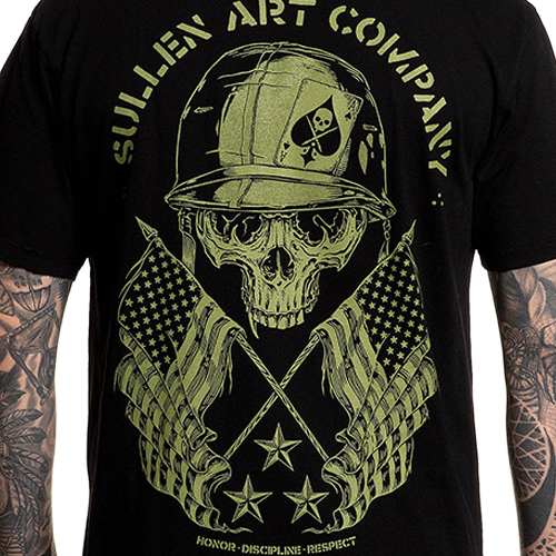 Black t-shirt with green skull and flag design, featuring 'Sullen Art Company' text.