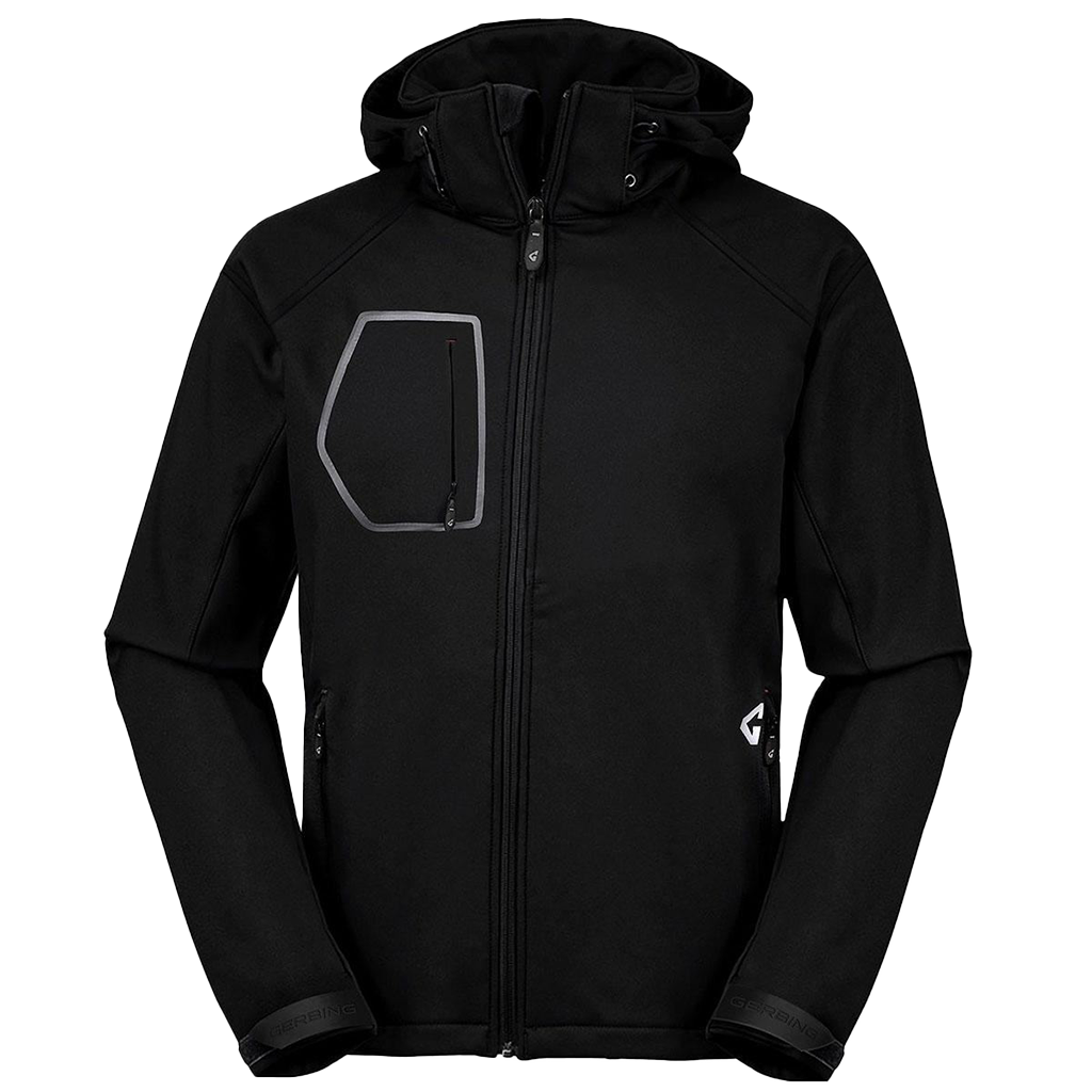 A black Gerbing 7V Men's Torrid Softshell Heated Jacket with a hood, featuring a zippered front and microwire heating zones.