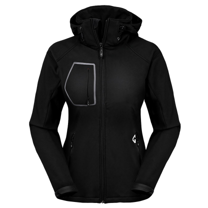 A black Gerbing 7V Women's Torrid Softshell Heated Jacket with visible heating elements on the front and a hood.