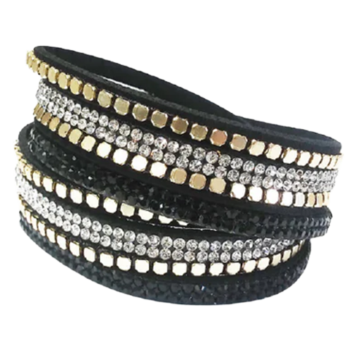 A faux suede bracelet with gold studs and bling embellishments, designed to be worn as a bracelet, choker, or boot strap.