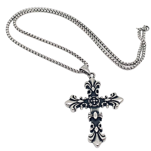 Stainless steel gothic fleur cross pendant necklace with 24 inch box chain