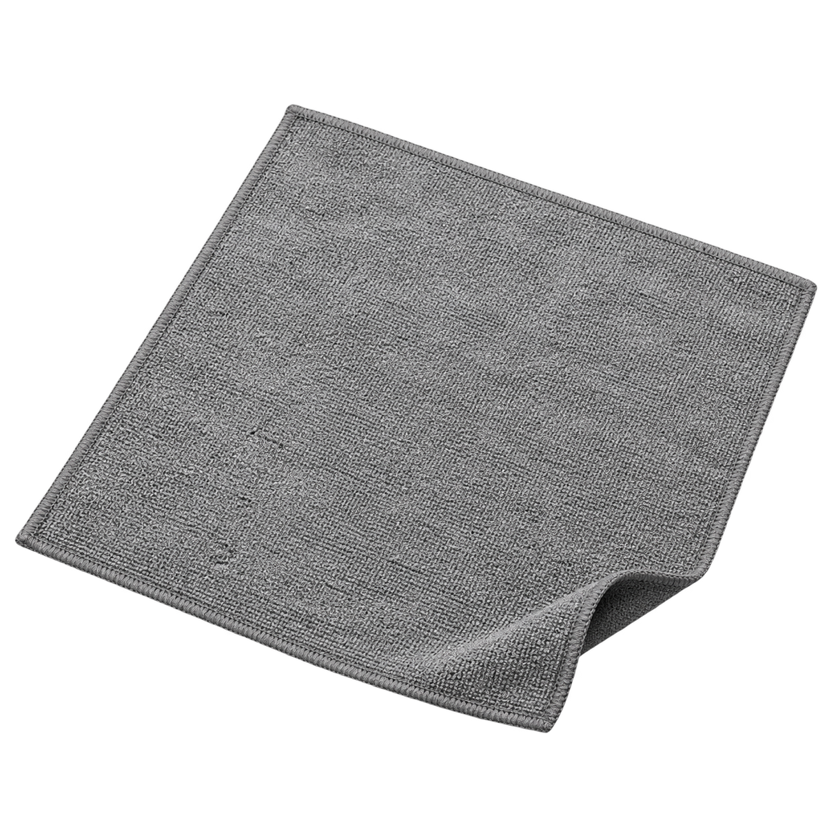A gray microfiber cleaning cloth with a textured terry-like surface, shown unfolded with one corner curled over