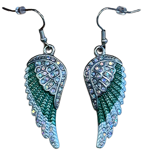 Women’s Stainless Steel Green Wing Earrings With Sparkle