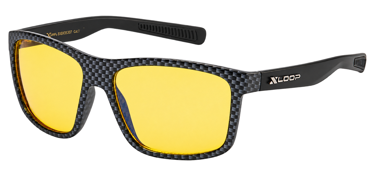 Gridlock yellow-lens sports-wrap sunglasses with a black carbon-fiber-print frame