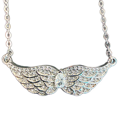 Stainless steel Guardian Wings necklace with double angel wings and pear-cut clear crystal.
