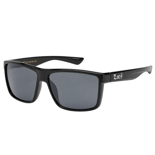 Hardline Locs black square sunglasses with dark smoke lenses and silver temple logos