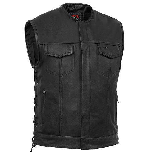 Daniel Smart Hawk black leather motorcycle vest with collarless design and single-panel back for patches.