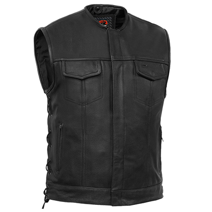 Daniel Smart Hawk black leather motorcycle vest with collarless design and single-panel back for patches.
