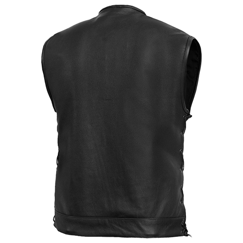 Black cowhide leather riding vest with hidden front zipper, flap pockets, and patch-ready back.