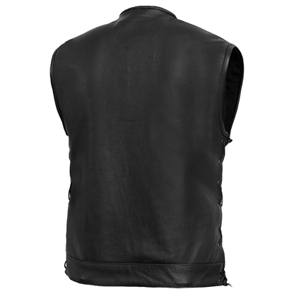 Black cowhide leather riding vest with hidden front zipper, flap pockets, and patch-ready back.