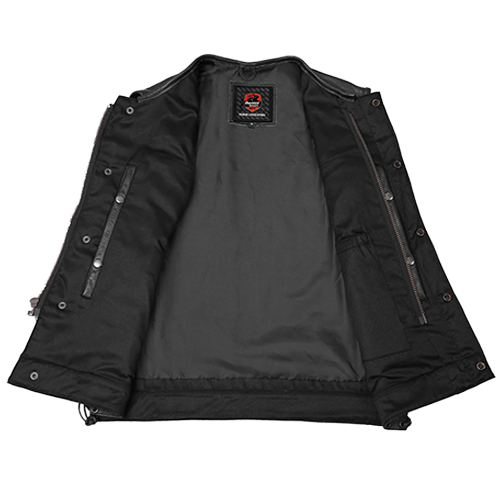 Men's leather biker vest with adjustable side laces, reinforced shoulders, and concealed carry storage.