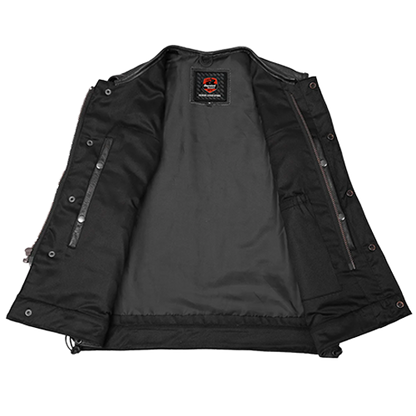 Men's leather biker vest with adjustable side laces, reinforced shoulders, and concealed carry storage.