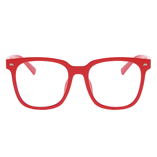 Hellraiser red square-frame glasses with clear lenses shown from the front
