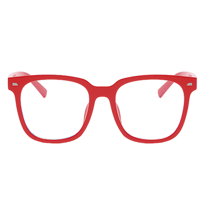 Hellraiser red square-frame glasses with clear lenses shown from the front