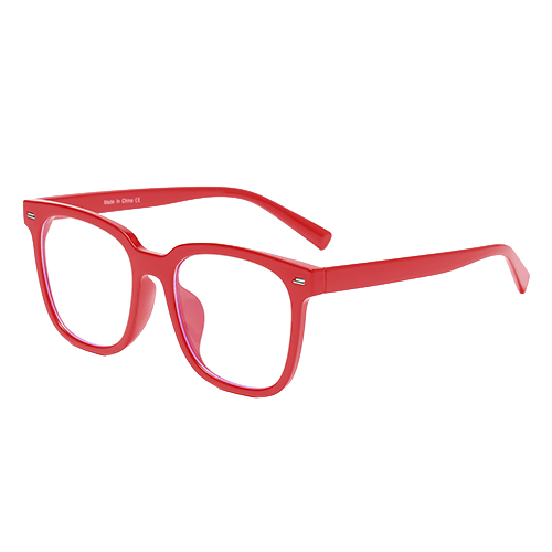 Hellraiser red square-frame glasses with clear lenses shown at an angle