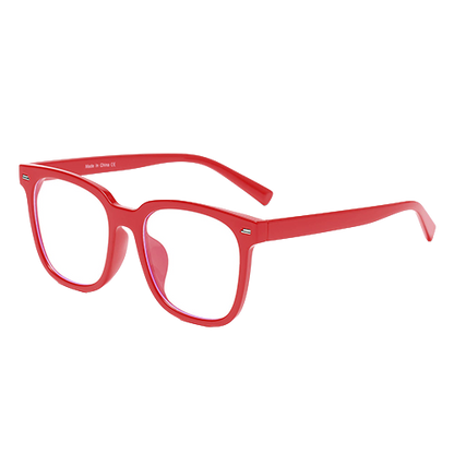 Hellraiser red square-frame glasses with clear lenses shown at an angle