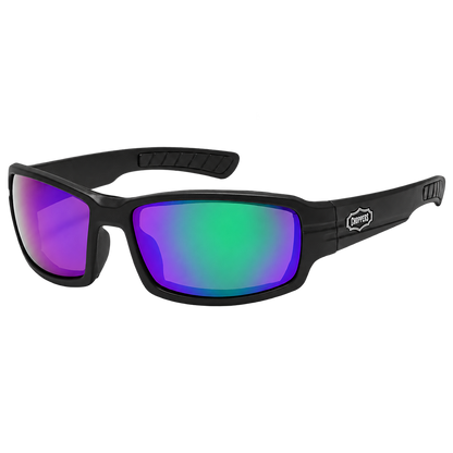 Hex Shift purple-green mirrored padded riding sunglasses with a black wrap frame