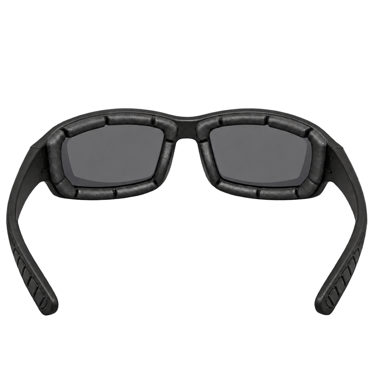 nside view of Hex Shift riding sunglasses showing smoke-gray lenses and segmented foam padding
