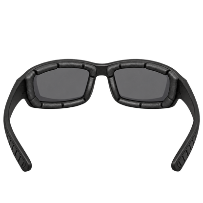 nside view of Hex Shift riding sunglasses showing smoke-gray lenses and segmented foam padding