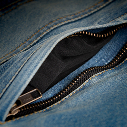 Highway 21 denim biker vest with YKK zipper and club collar