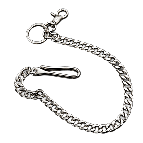 Silver curb-link wallet chain with a fish-hook attachment, lobster clasp and split key ring