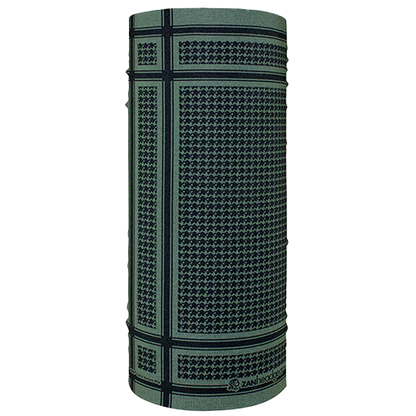 A green houndstooth polyester motley tube in olive color, displaying the textured pattern around its circumference.