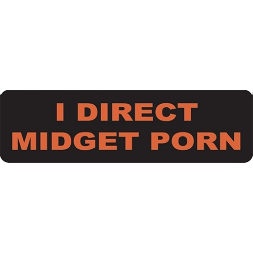 A black helmet sticker with the text 'I DIRECT MIDGET PORN' in bold orange letters.