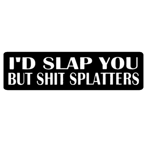 Black and white helmet sticker with bold text reading I'd slap you but shit splatters