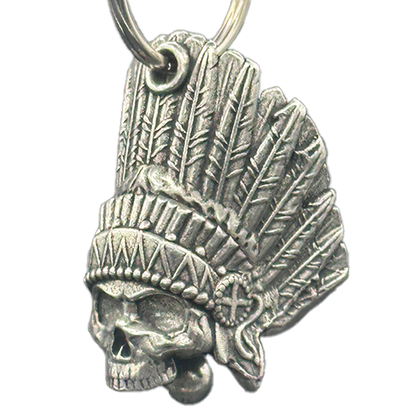 A silver-colored motorcycle bell with a skull design featuring Native American-inspired details, attached to a small round ring.